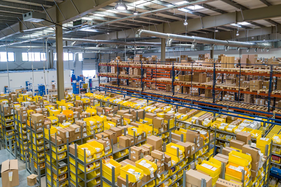 Warehouse aisle stacked with crates